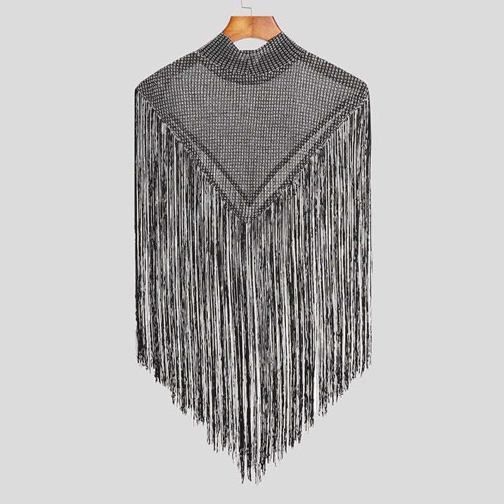 Men's Fringed Glitter Triangle Turtleneck Cape Cloak for Evening Club Party