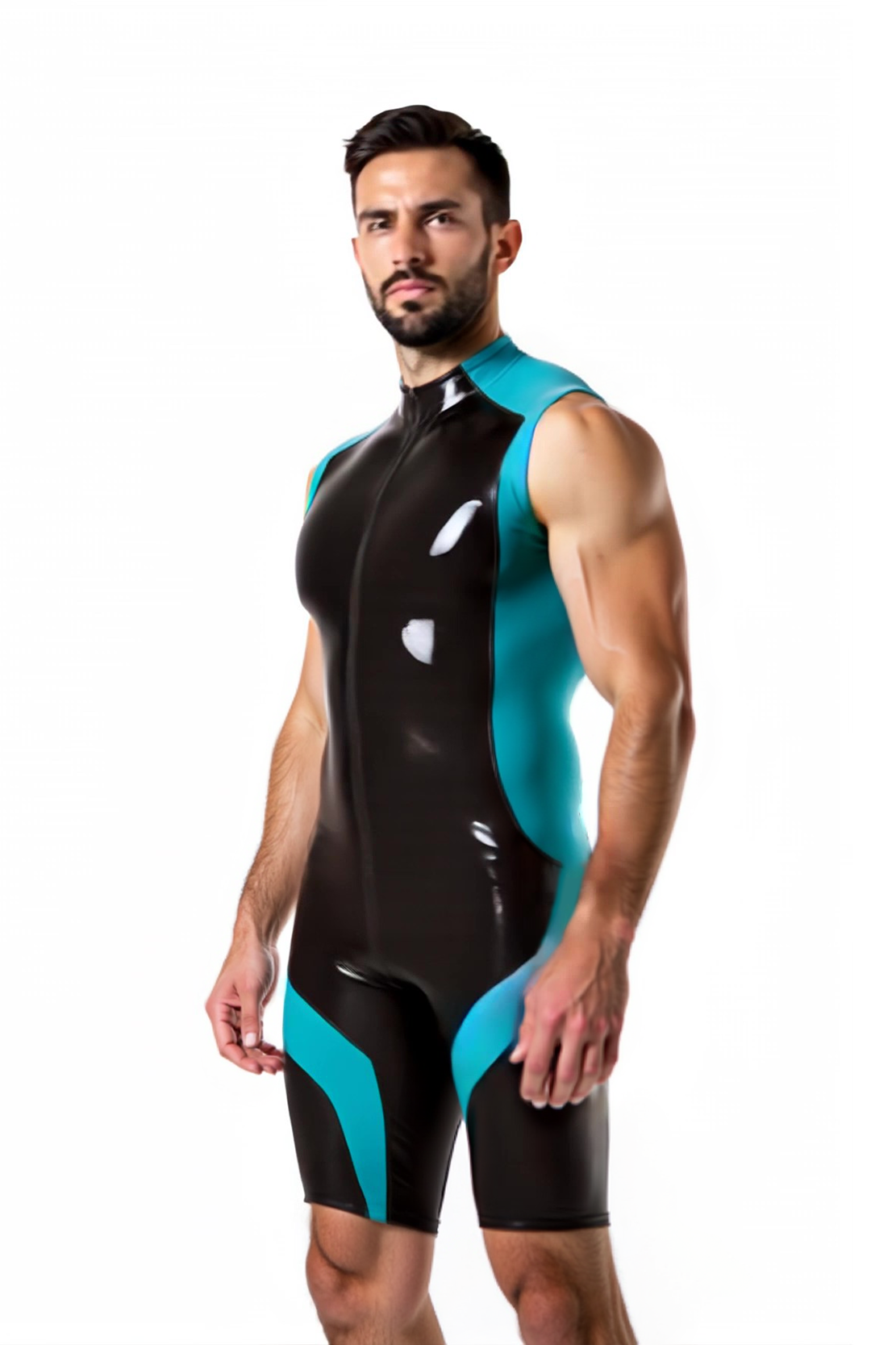 Joylgbt Men’s High-Neck PU Singlet Bodysuit – Glossy Black with Yellow Accents