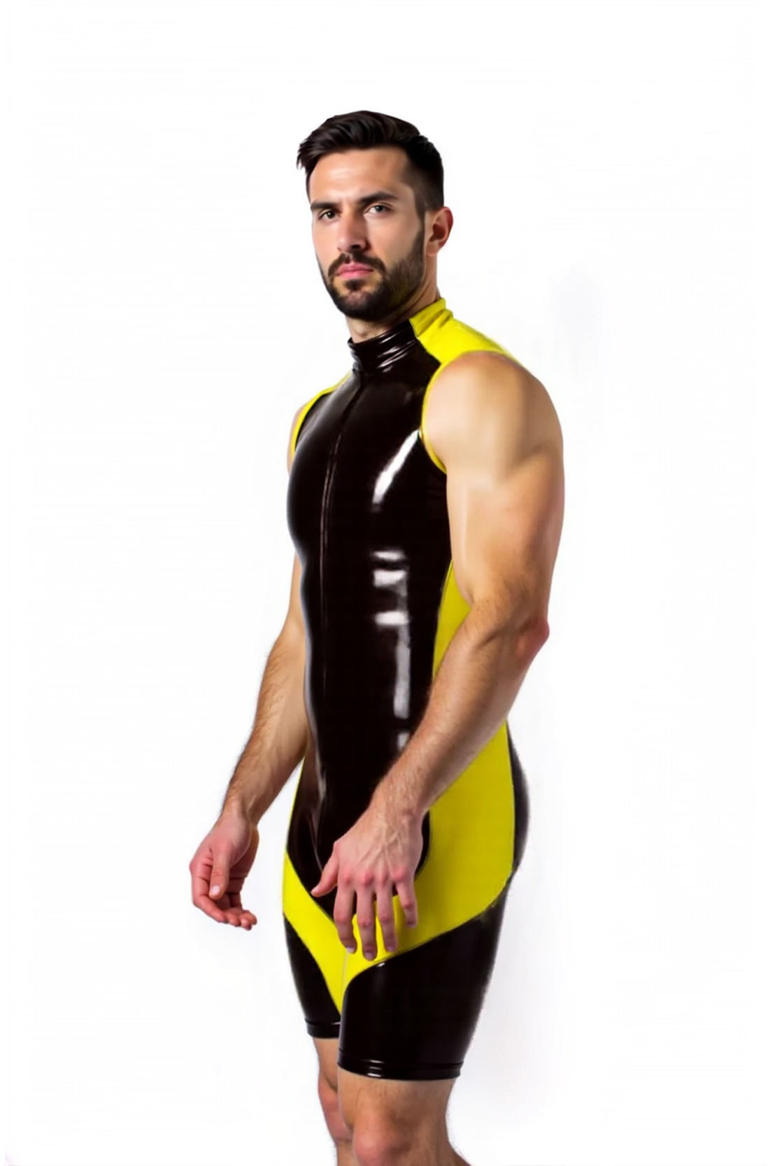 Joylgbt Men’s High-Neck PU Singlet Bodysuit – Glossy Black with Yellow Accents