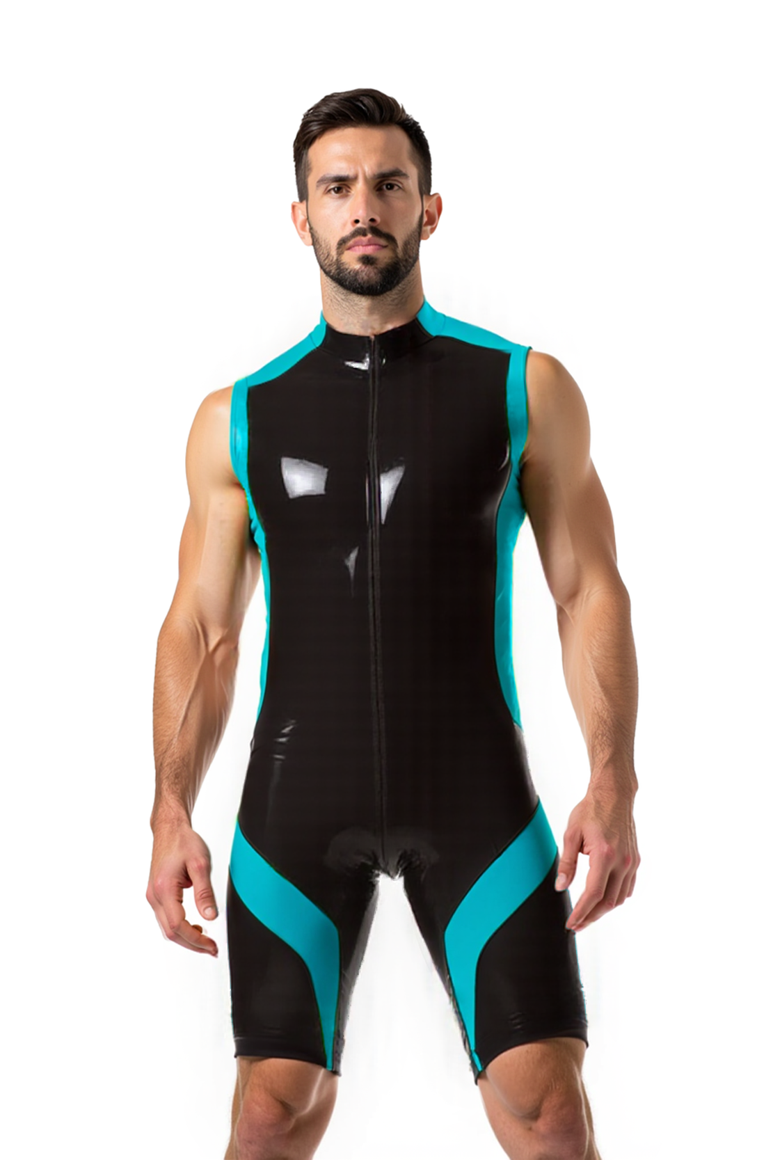 Joylgbt Men’s High-Neck PU Singlet Bodysuit – Glossy Black with Yellow Accents