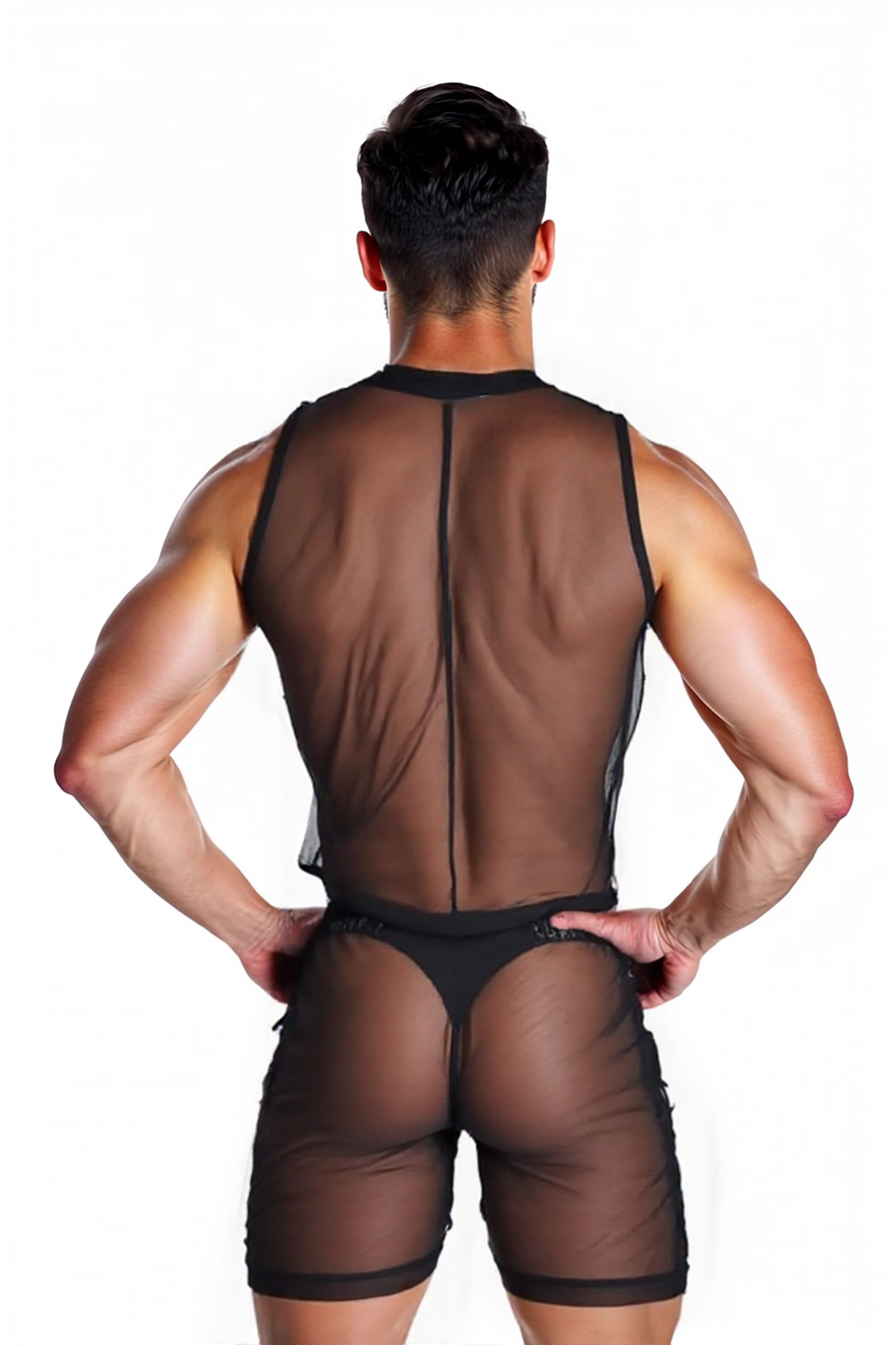 Men's Sleeveless Black Romper with Zipper and See-Through Mandarin Collar Design