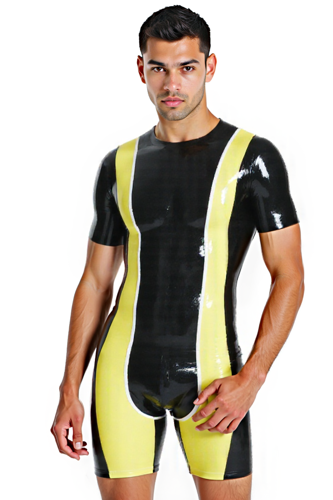 Joylgbt Men's Shiny Black & Yellow Bodysuit 