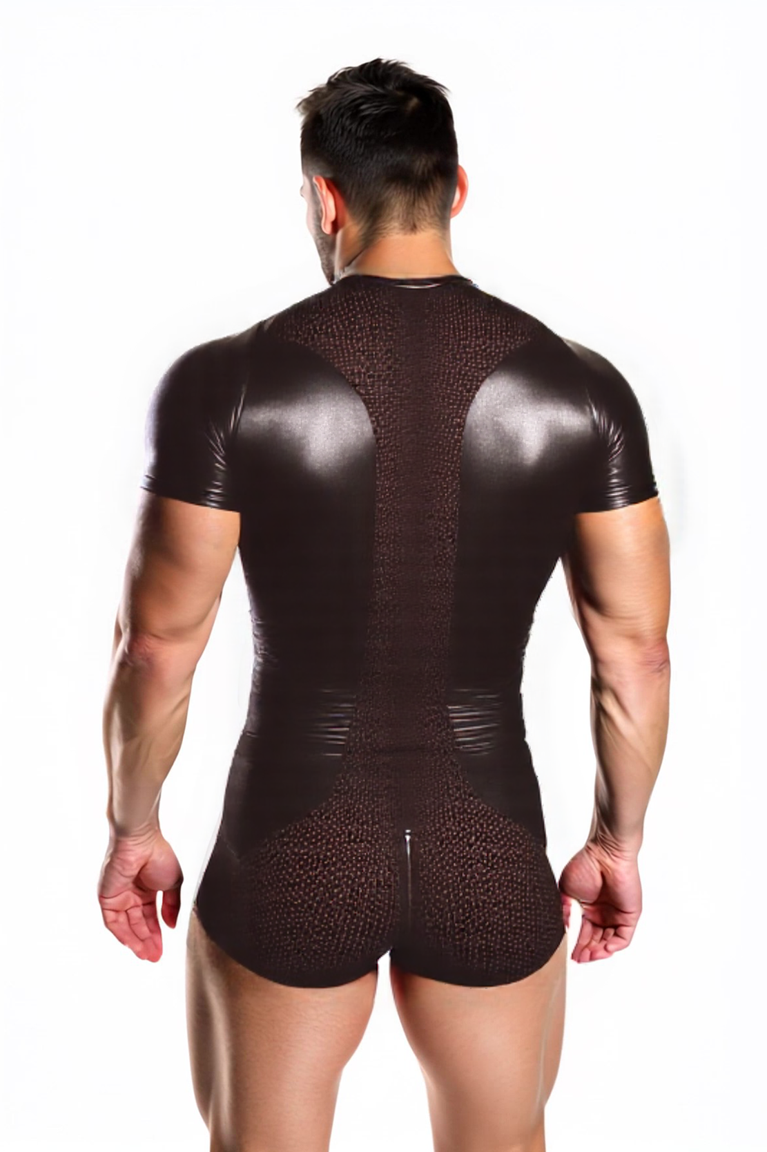 Men’s Faux Leather Bodysuit with Mesh Panels