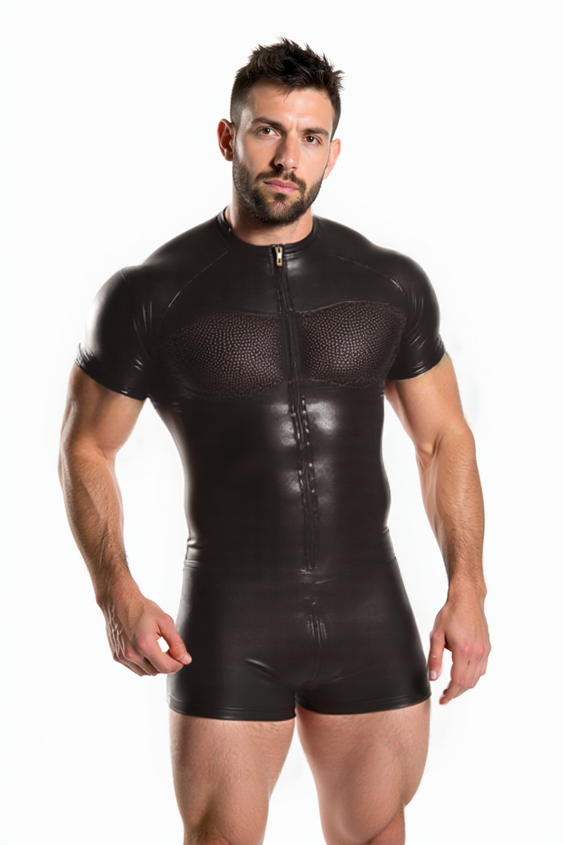 Men’s Faux Leather Bodysuit with Mesh Panels