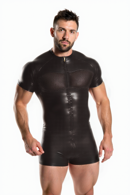 Men’s Faux Leather Bodysuit with Mesh Panels