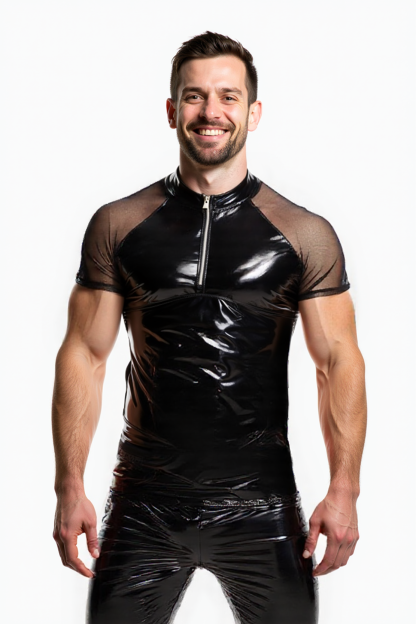 Joylgbt Men's Shiny Mesh Patchwork Zipper T-Shirt 