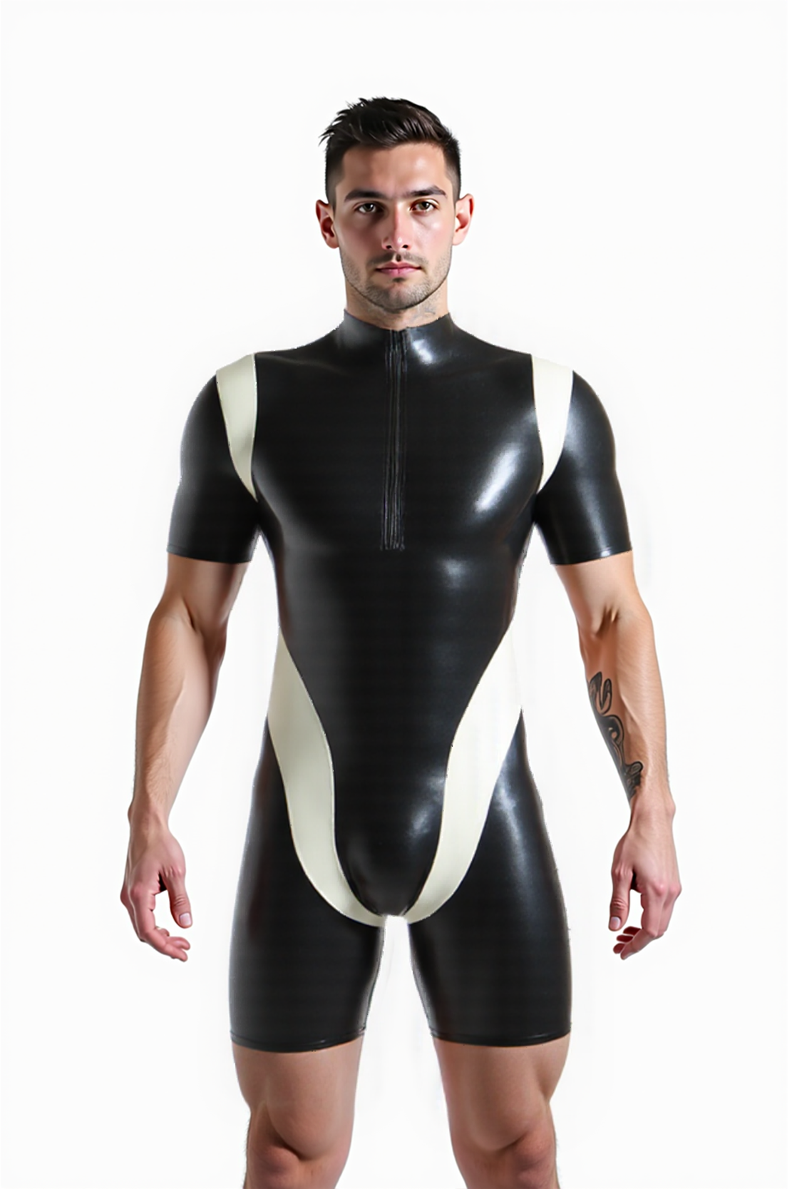 Joylgbt Black & White Glossy Bodysuit – Short Sleeve One-Piece with Front Zip