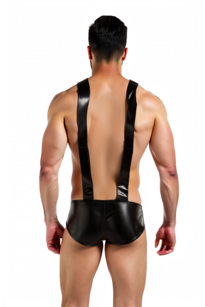 Joylgbt Men’s Faux Leather Bodysuit – Black & Yellow Suspender Singlet with Bold Cut
