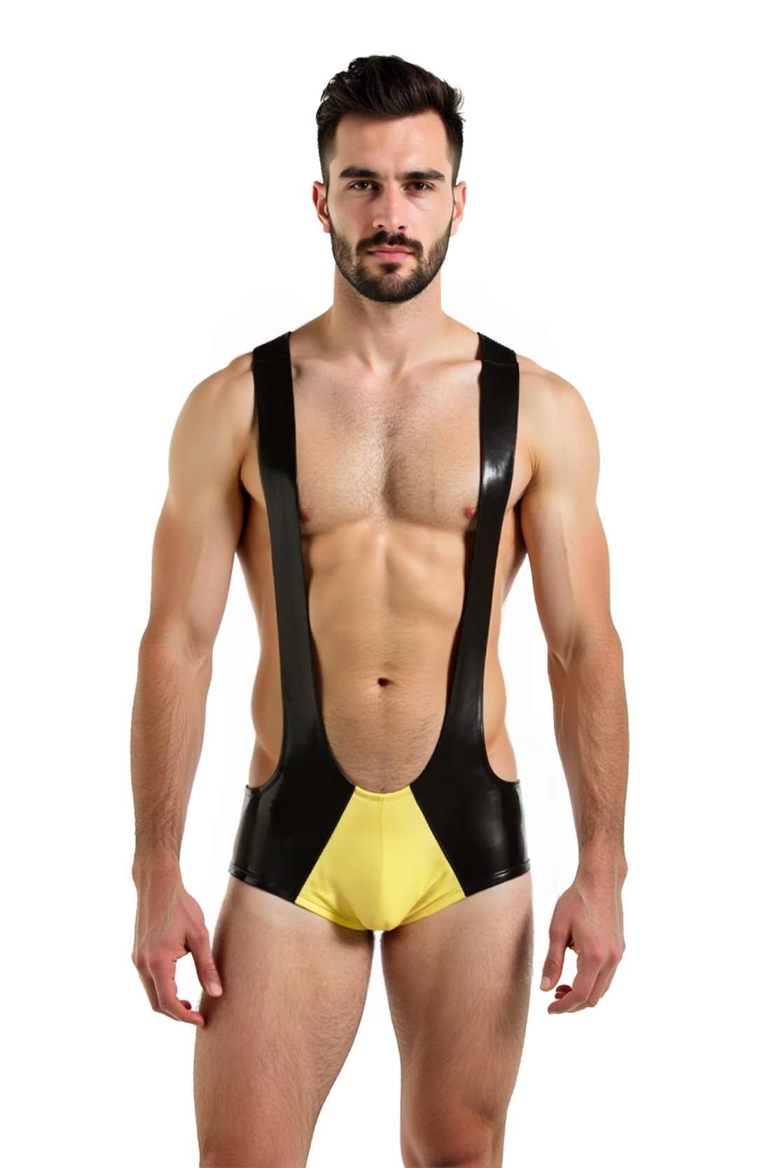 Joylgbt Men’s Faux Leather Bodysuit – Black & Yellow Suspender Singlet with Bold Cut