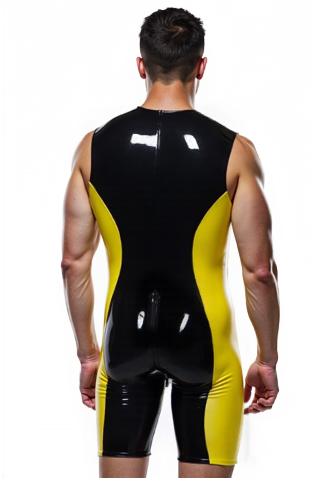 Joylgbt Men's Zip-Front Latex Look Bodysuit – Streamlined Muscle Fit in Black & Yellow