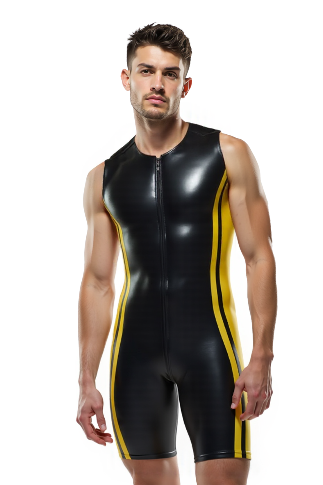 Joylgbt Men's Zip-Front Latex Look Bodysuit – Streamlined Muscle Fit in Black & Yellow