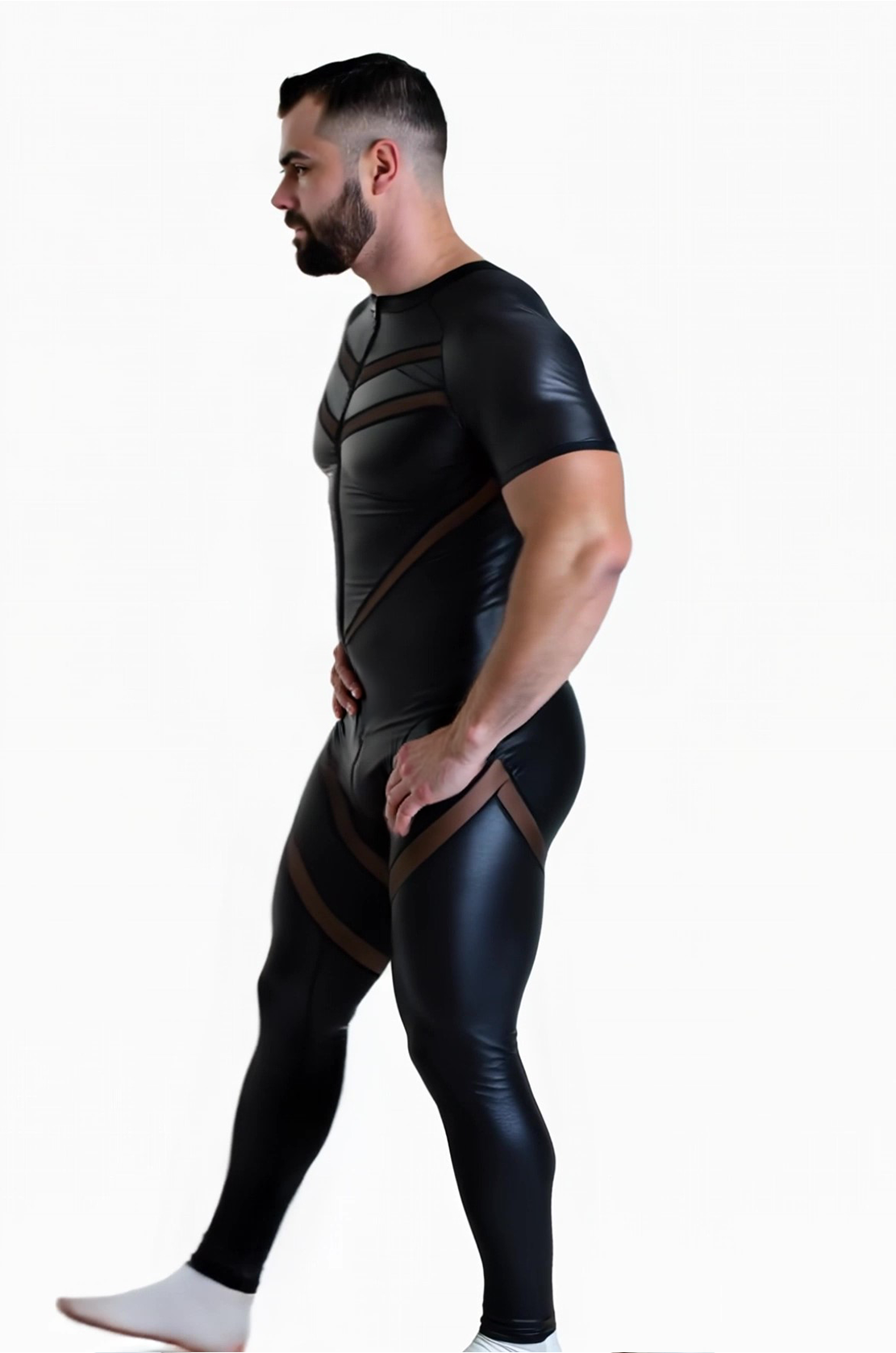 Men's Black Bodysuit with Mesh Accents