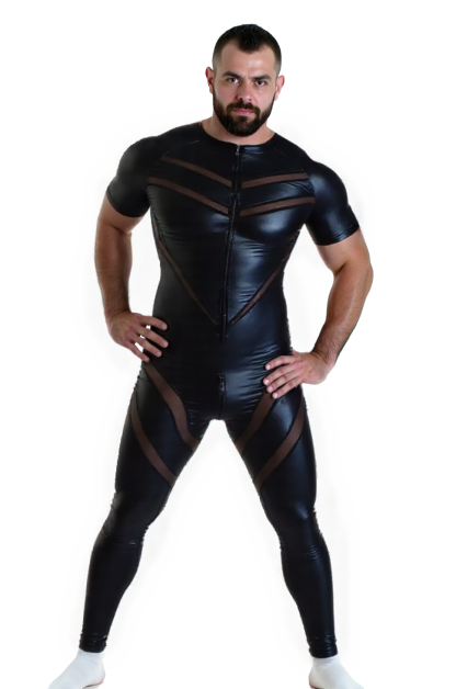 Men's Black Bodysuit with Mesh Accents