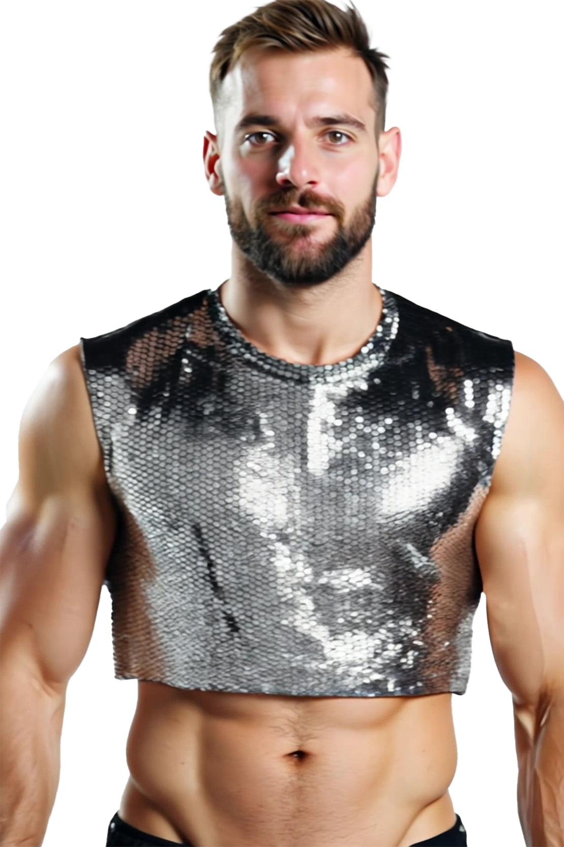 Shiny Black Sequin Mesh Crop Tank Top for Men