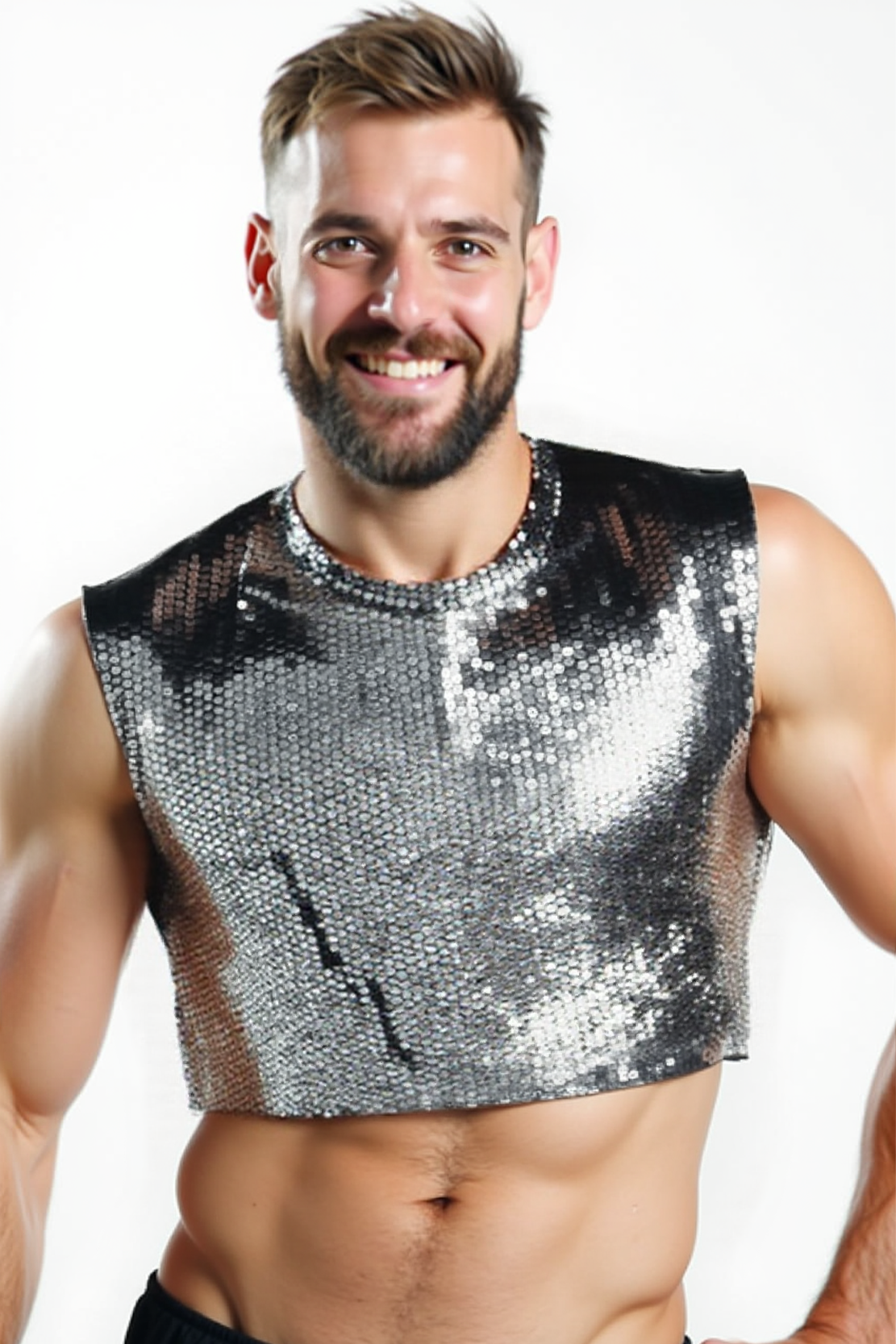 Shiny Black Sequin Mesh Crop Tank Top for Men