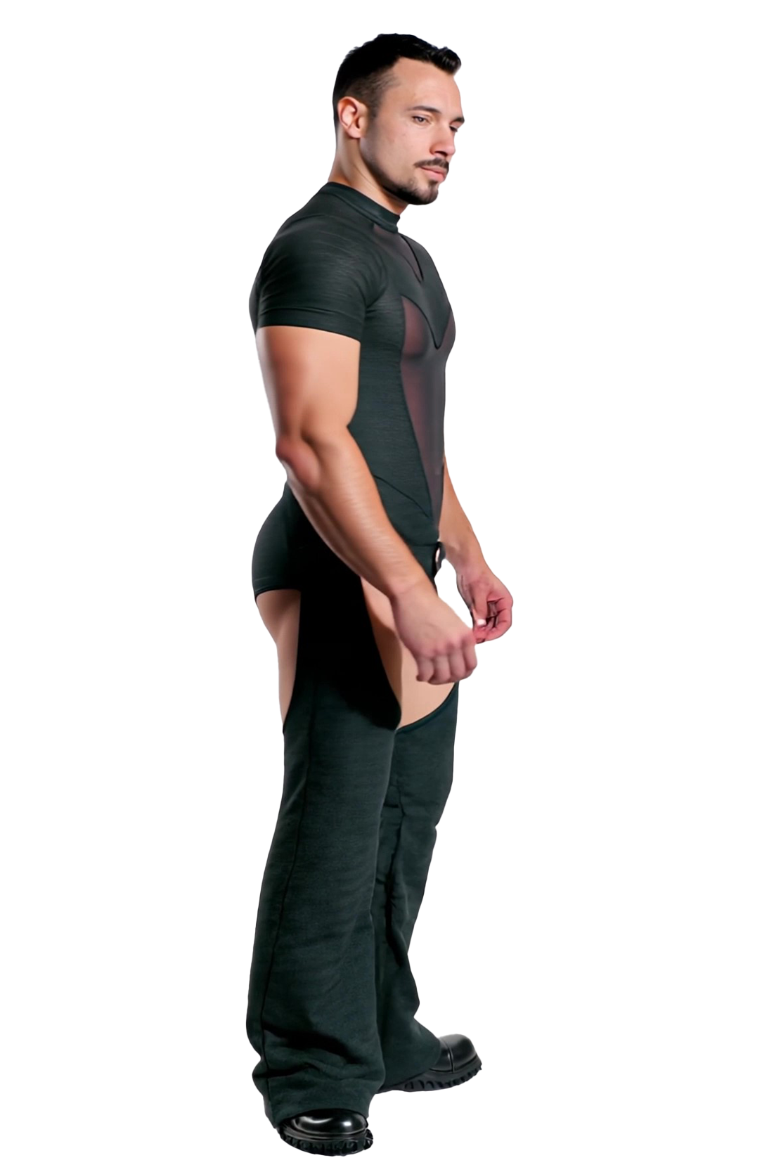 Joylgbt Men's Mesh Cutout Bodysuit with Chaps