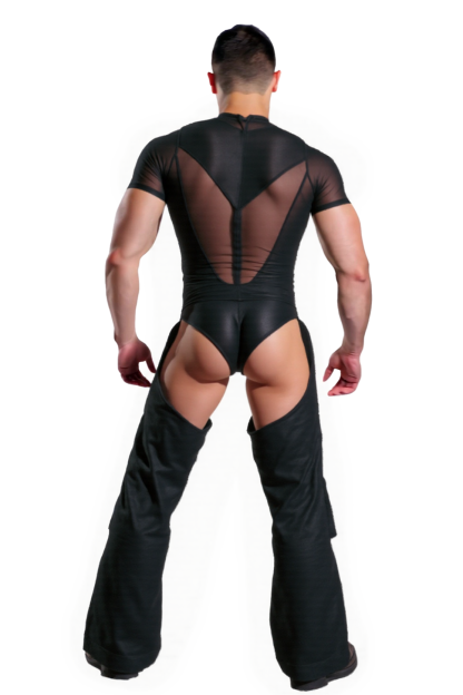 Joylgbt Men's Mesh Cutout Bodysuit with Chaps