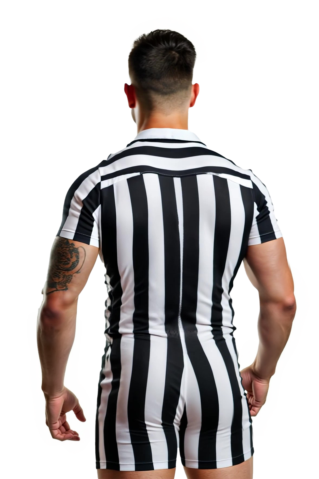 Joylgbt Black & White Striped Bodysuit – Slim Fit Stretch Romper with Collar