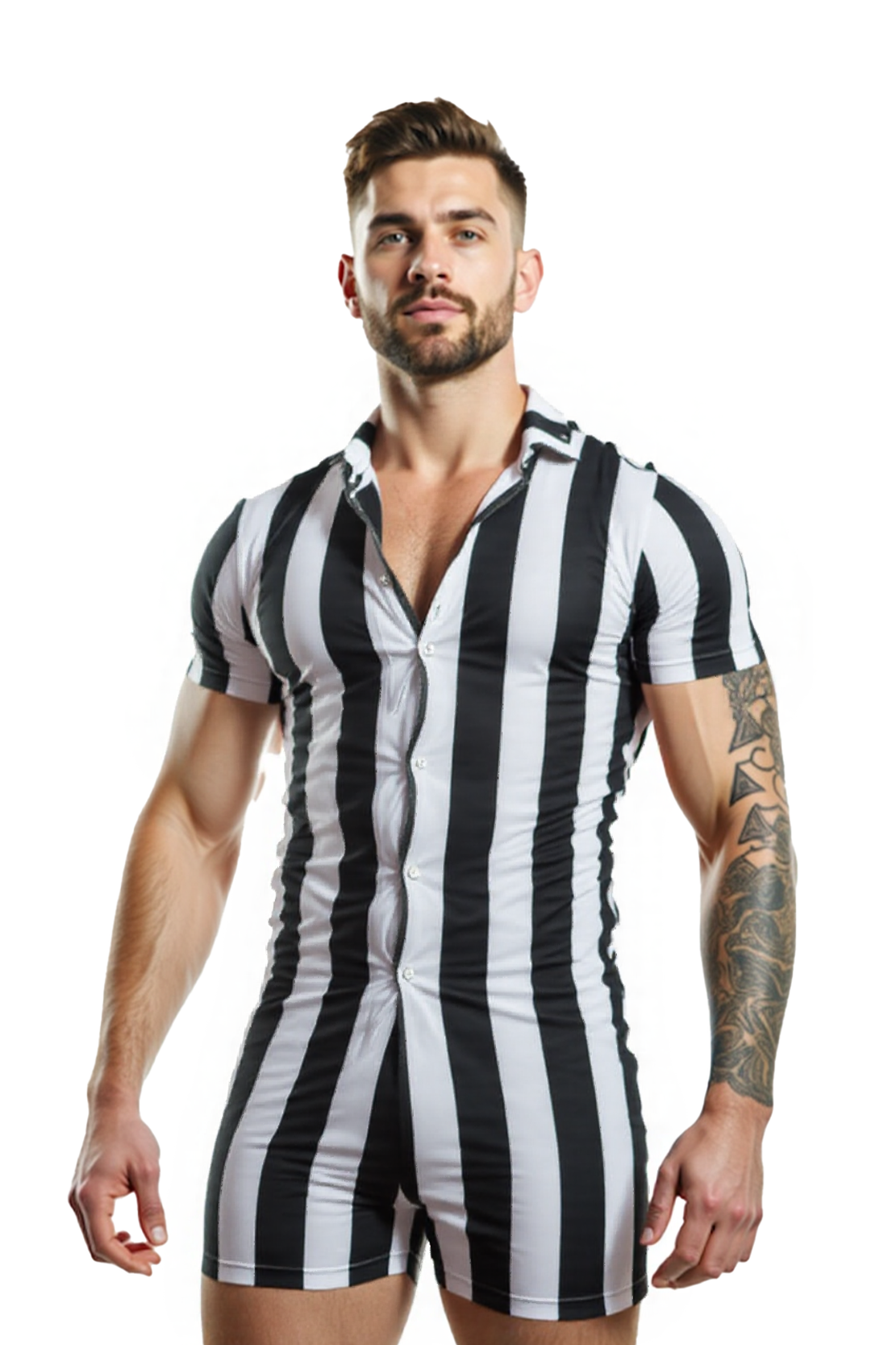 Joylgbt Black & White Striped Bodysuit – Slim Fit Stretch Romper with Collar