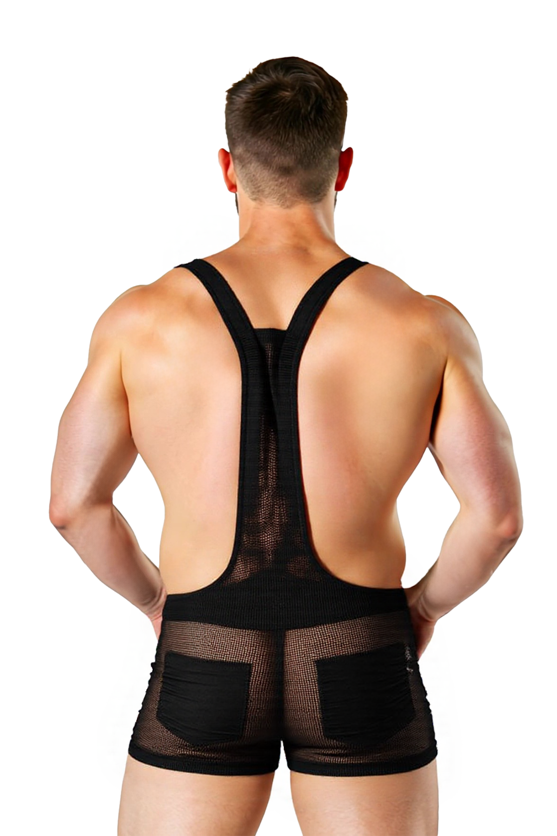Joylgbt  Men's Sheer Mesh Overalls – Ultra-Short Bodysuit with Zipper Pocket
