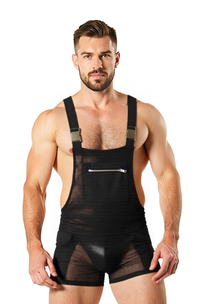 Joylgbt  Men's Sheer Mesh Overalls – Ultra-Short Bodysuit with Zipper Pocket