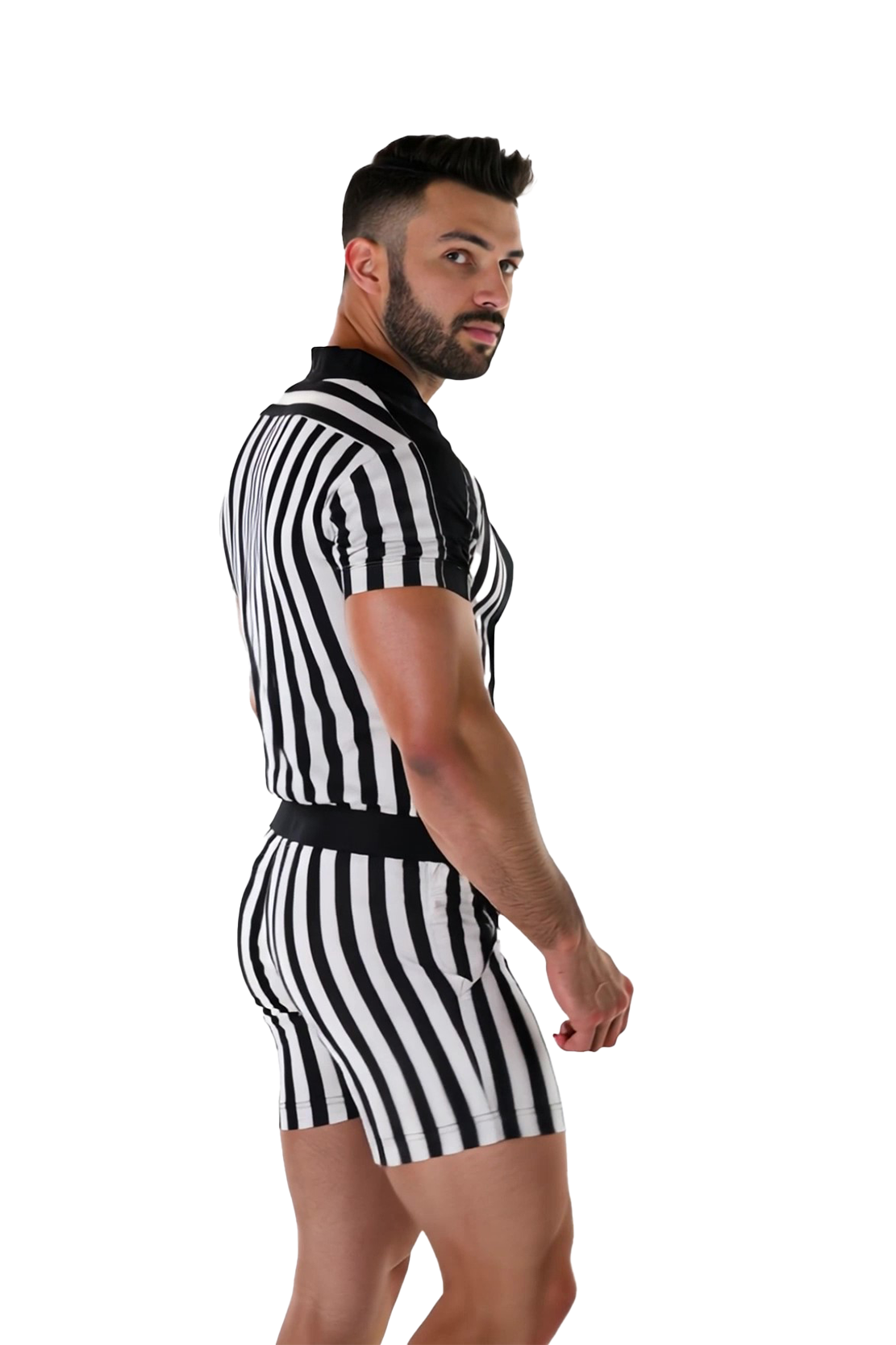 Joylgbt Men's Black and White Striped Romper with Button Detail