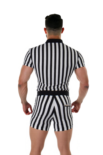 Joylgbt Men's Black and White Striped Romper with Button Detail