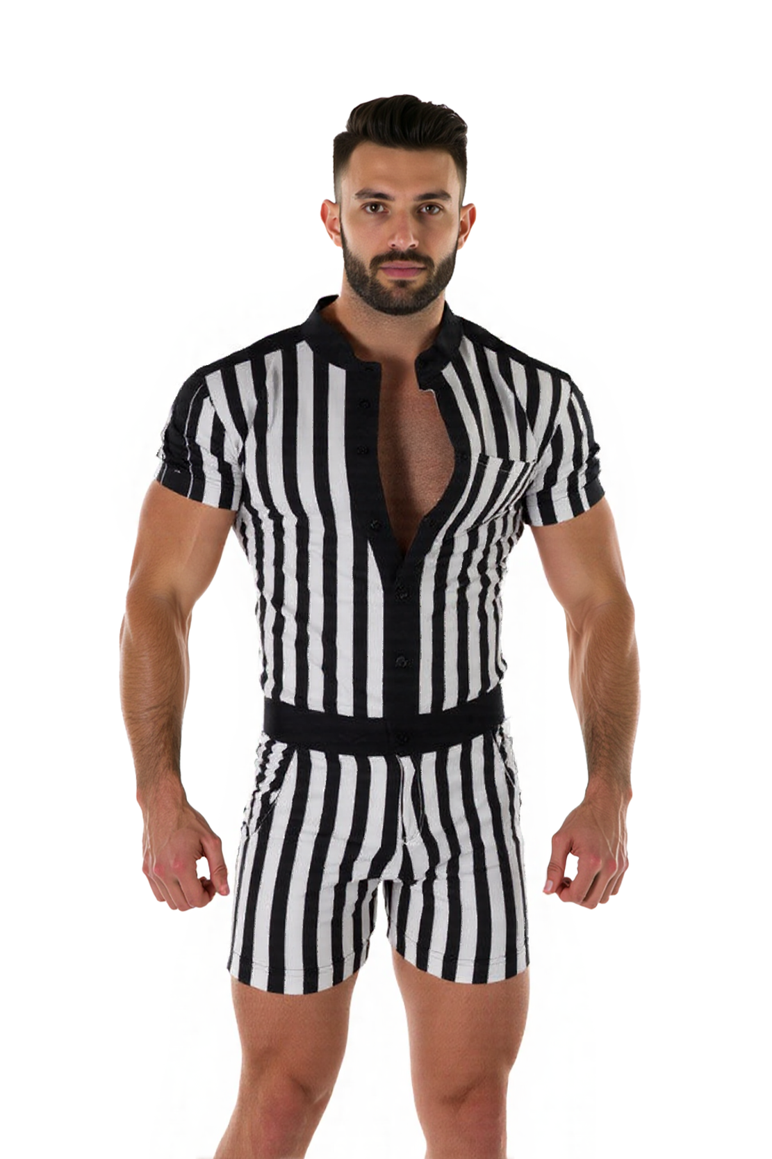 Joylgbt Men's Black and White Striped Romper with Button Detail
