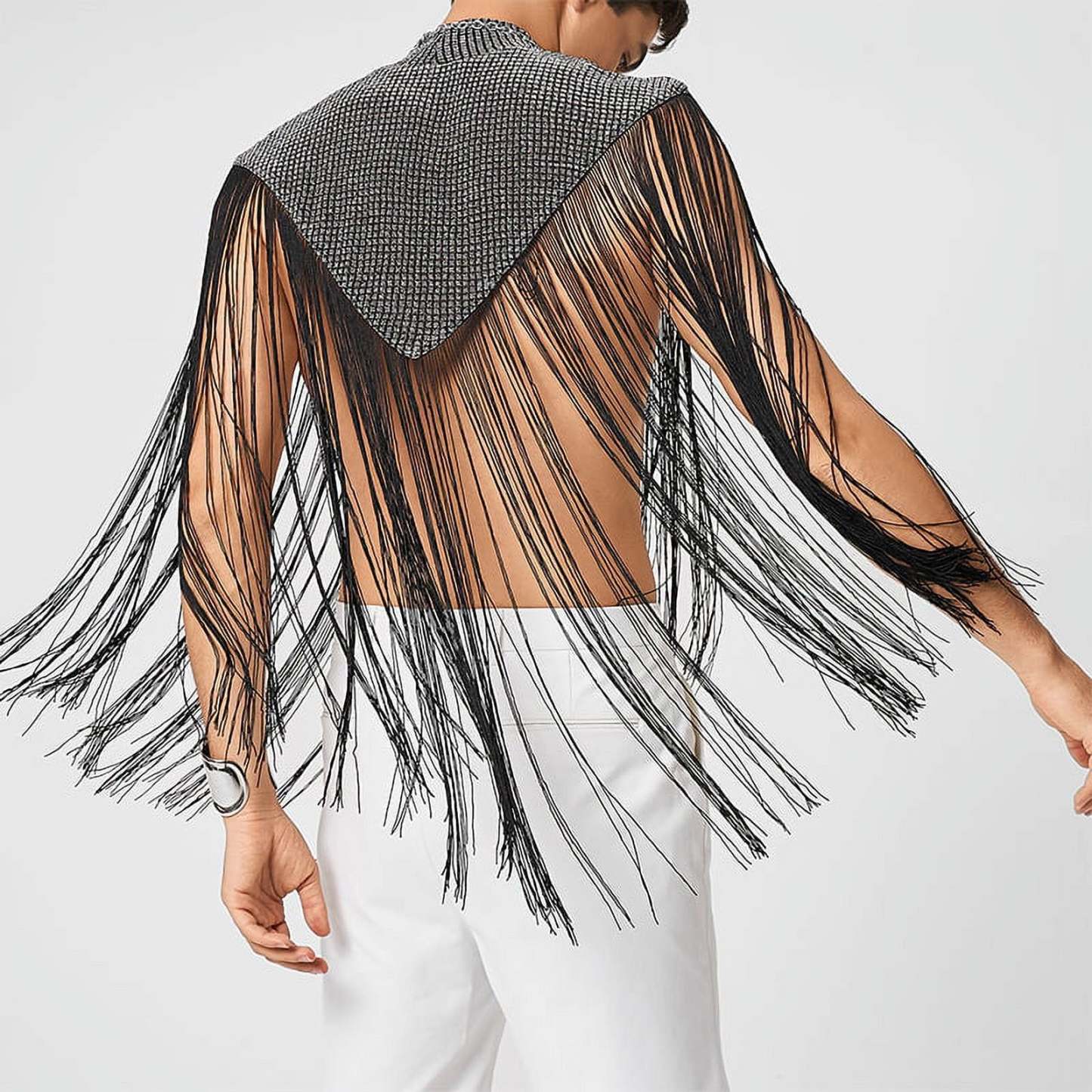 Men's Fringed Glitter Triangle Turtleneck Cape Cloak for Evening Club Party