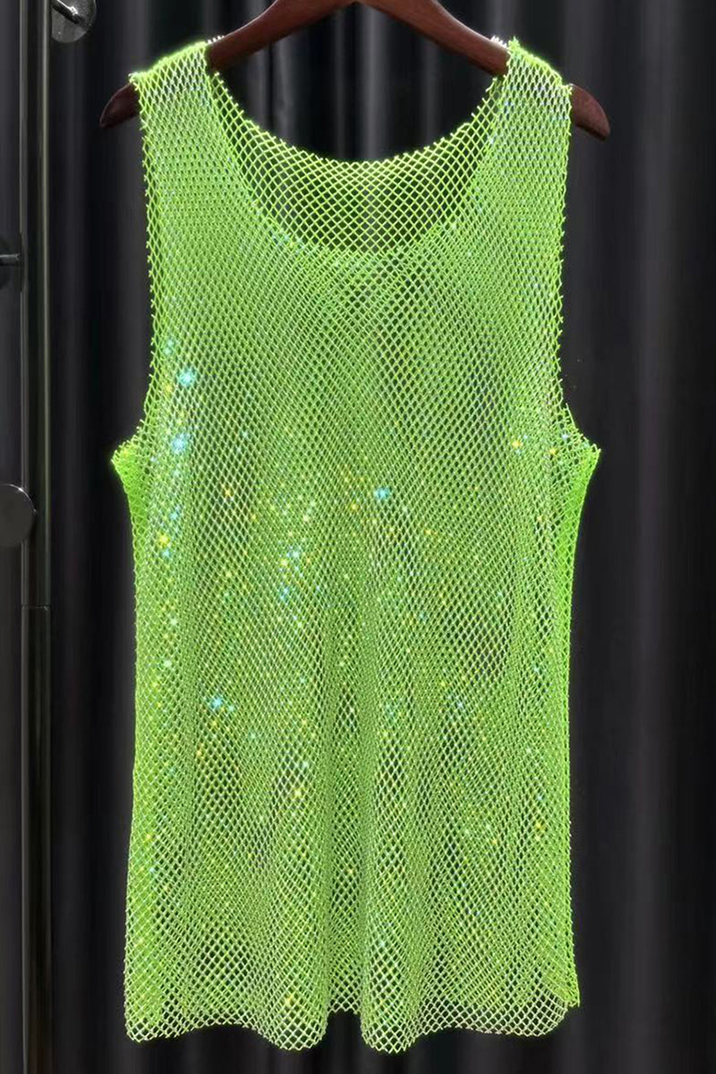 Unisex Mesh Rhinestone Shiny Raw Cut Festival Tank Top