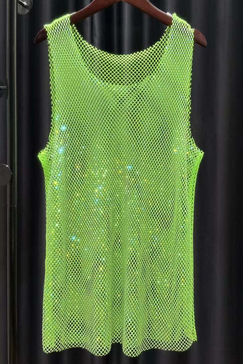 Unisex Mesh Rhinestone Shiny Raw Cut Festival Tank Top