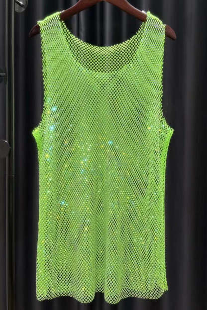 Unisex Mesh Rhinestone Shiny Raw Cut Festival Tank Top