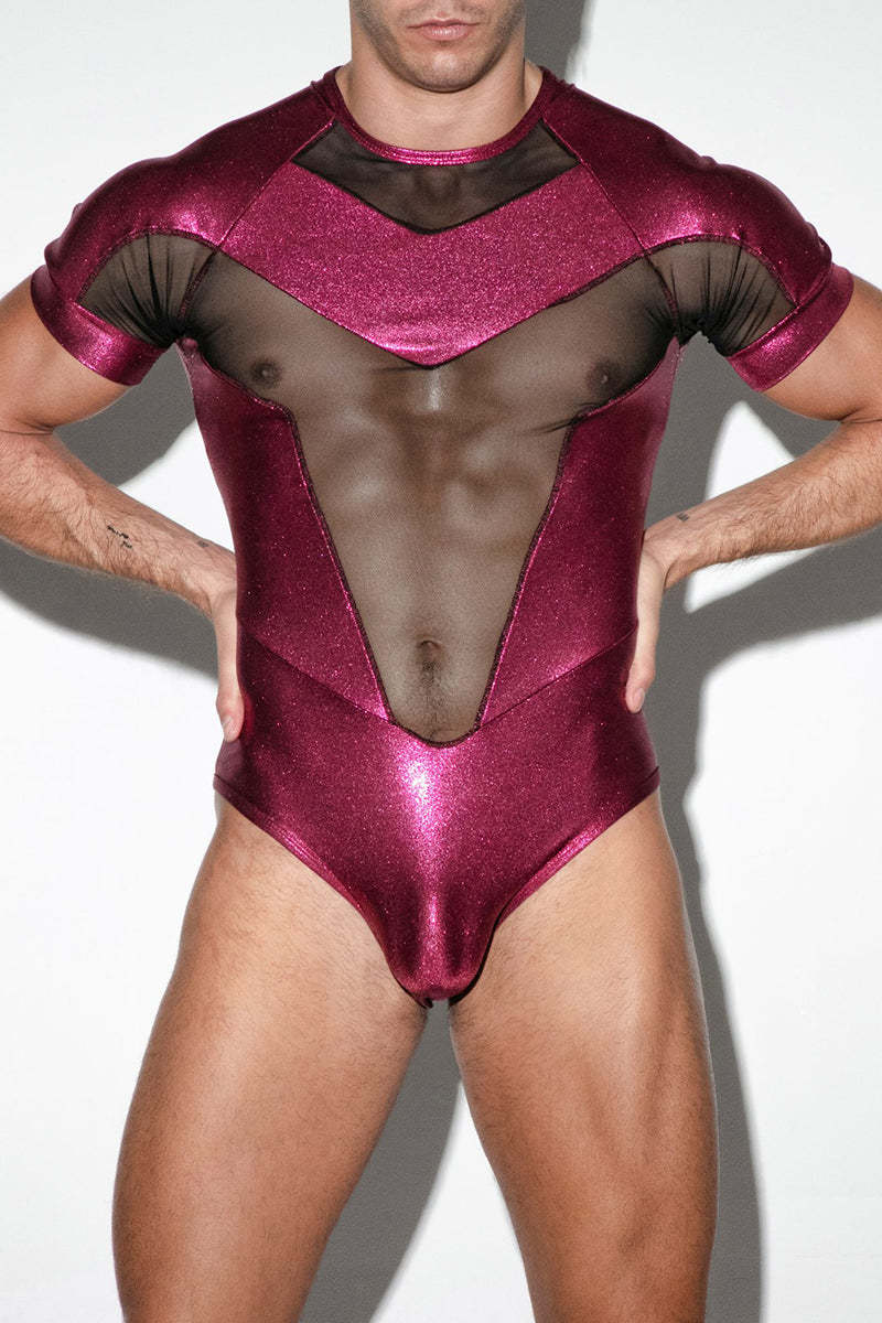 Metallic Mesh Patchwork Short Sleeve Bodysuit