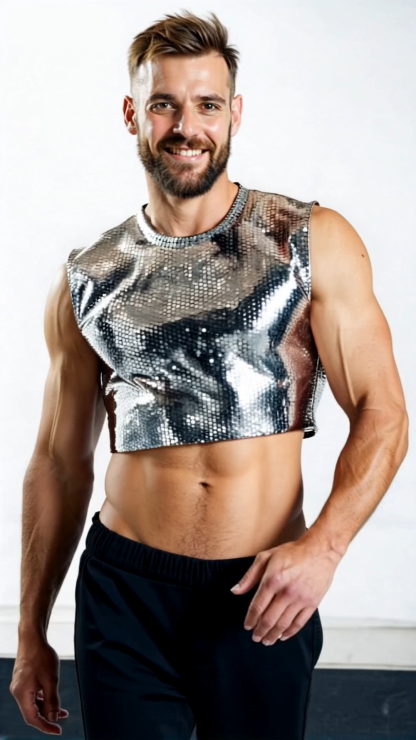 Shiny Black Sequin Mesh Crop Tank Top for Men