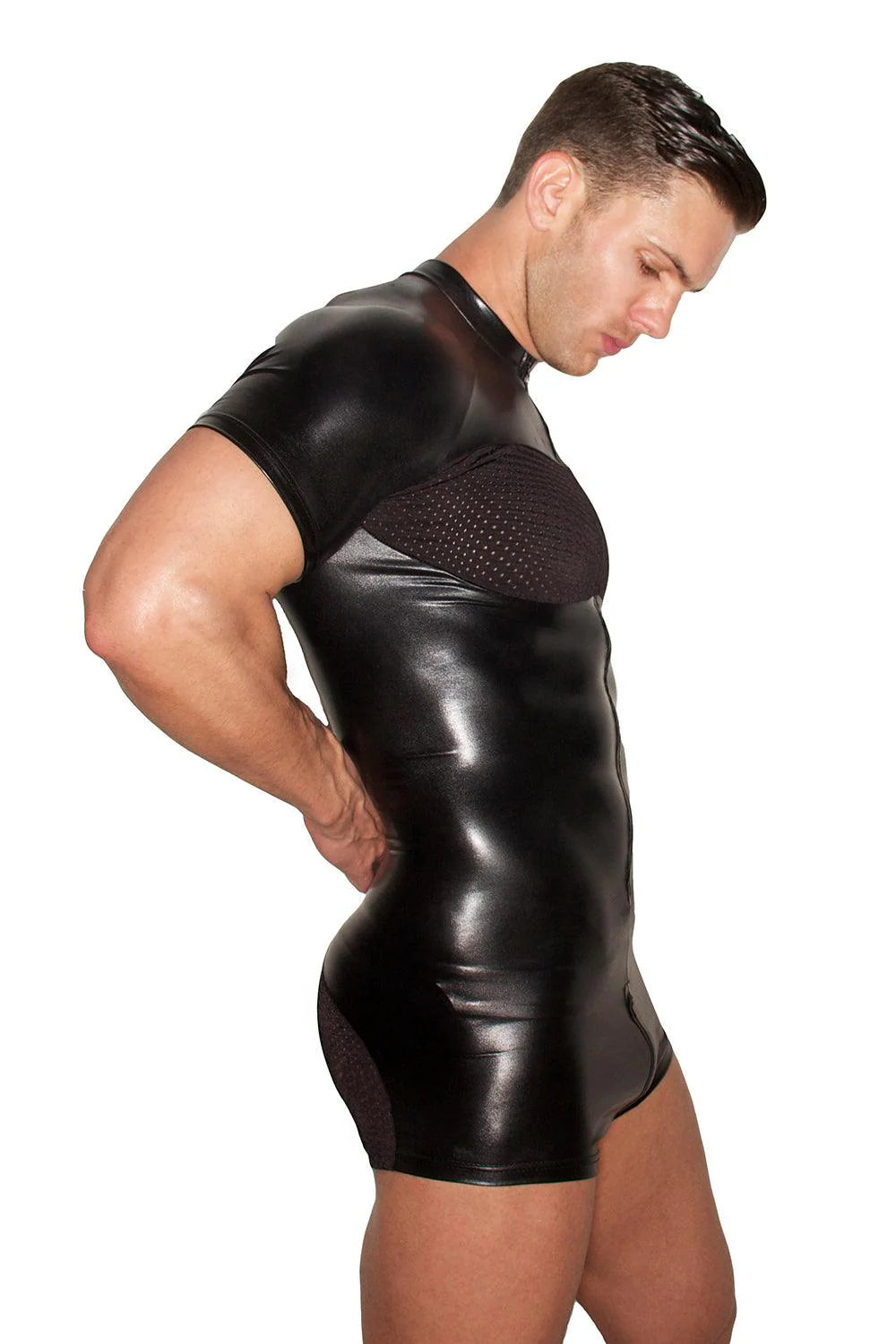 Fabpride Men’s Faux Leather Bodysuit with Mesh Panels