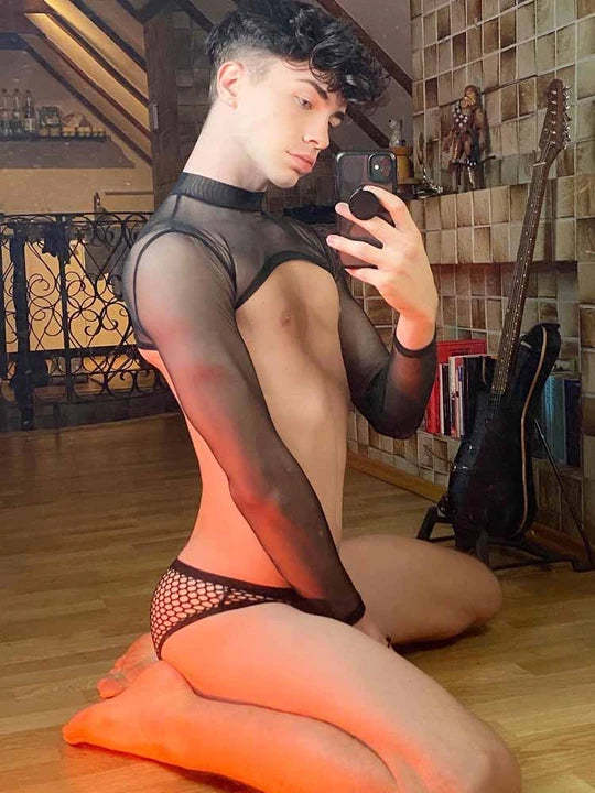 Black Mesh Short Long Sleeve Top Briefs Set