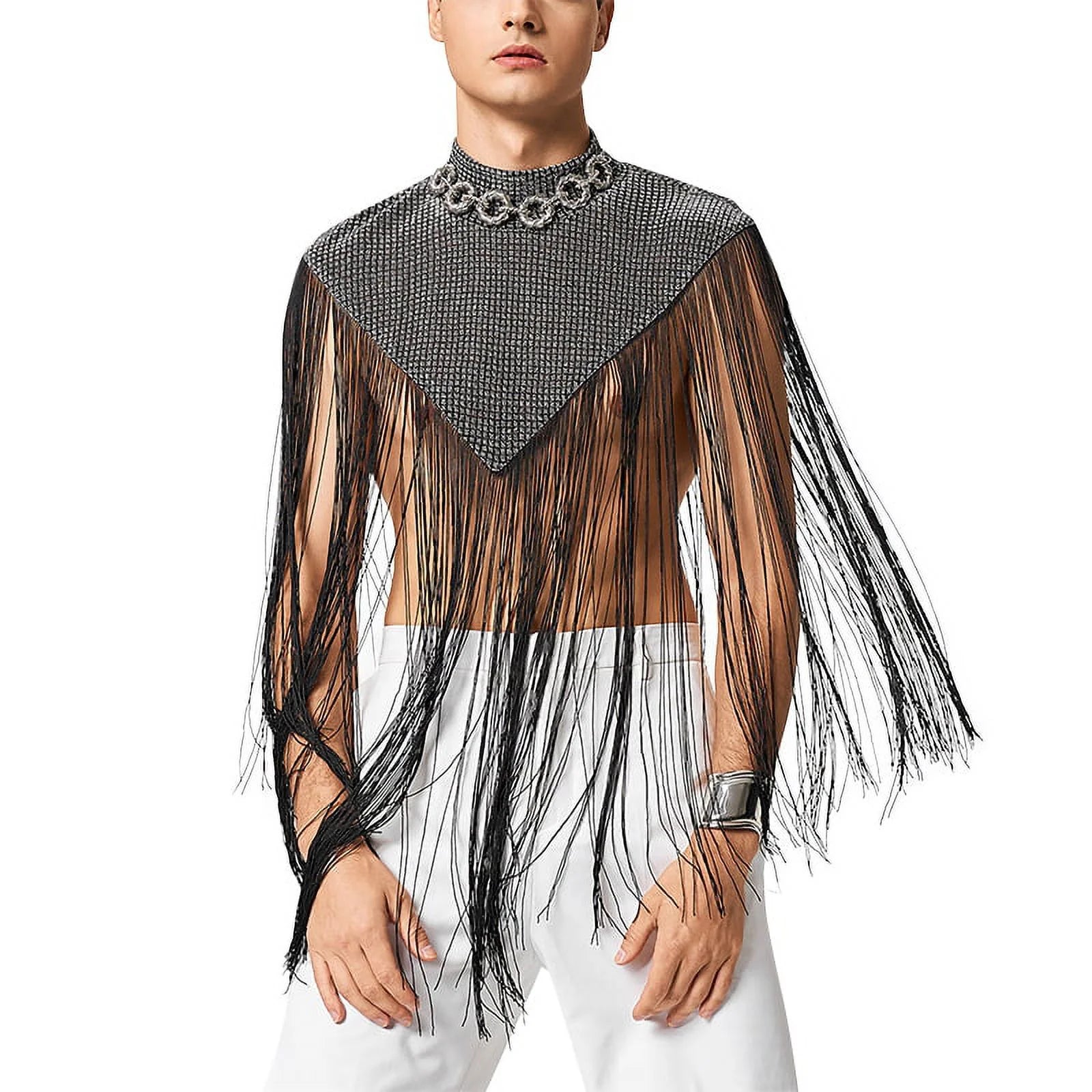 Men's Fringed Glitter Triangle Turtleneck Cape Cloak for Evening Club Party