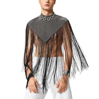 Men's Fringed Glitter Triangle Turtleneck Cape Cloak for Evening Club Party