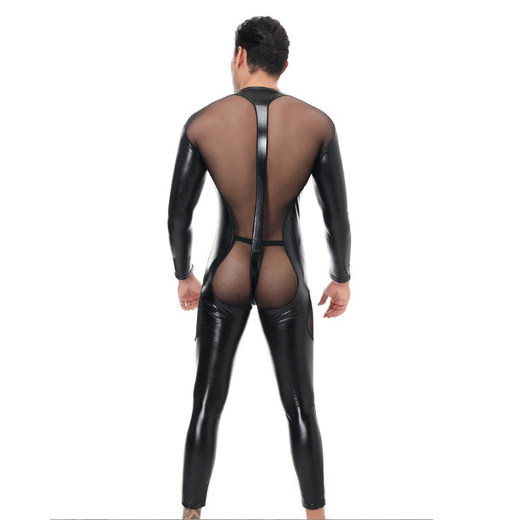 Men's Patent Leather Mesh Patchwork Jumpsuit