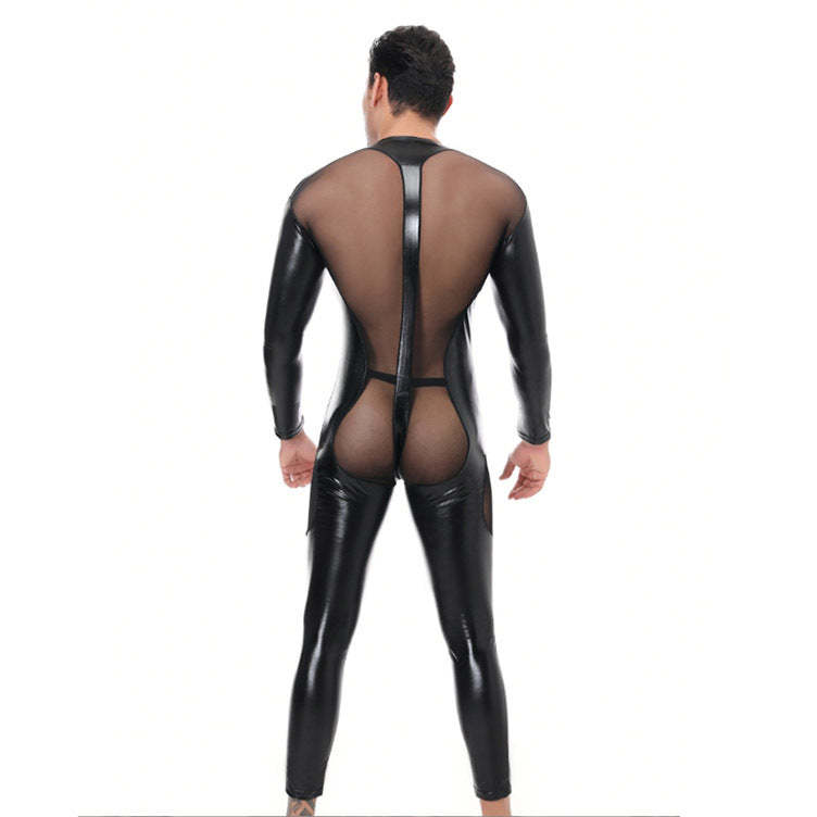 Men's Patent Leather Mesh Patchwork Jumpsuit