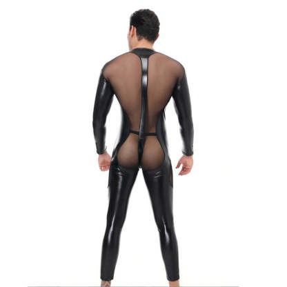 Men's Patent Leather Mesh Patchwork Jumpsuit