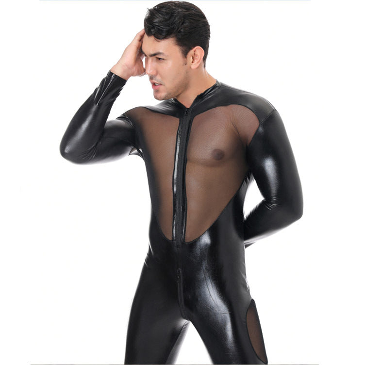 Men's Patent Leather Mesh Patchwork Jumpsuit