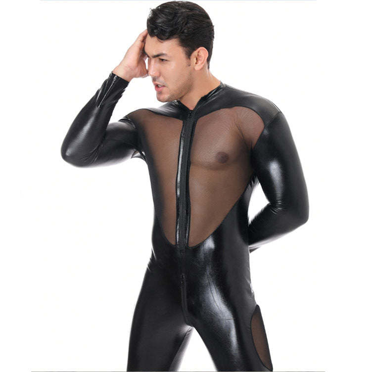Men's Patent Leather Mesh Patchwork Jumpsuit