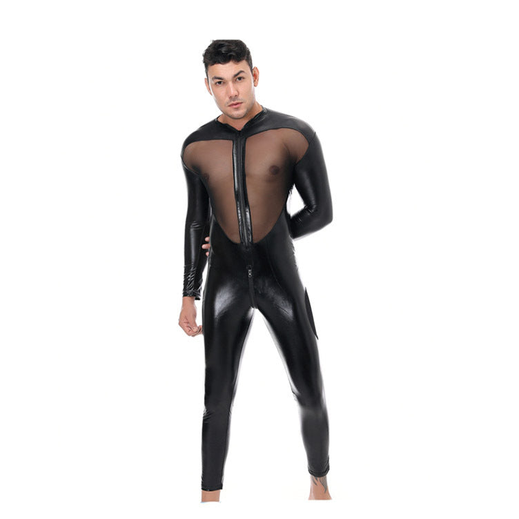 Men's Patent Leather Mesh Patchwork Jumpsuit