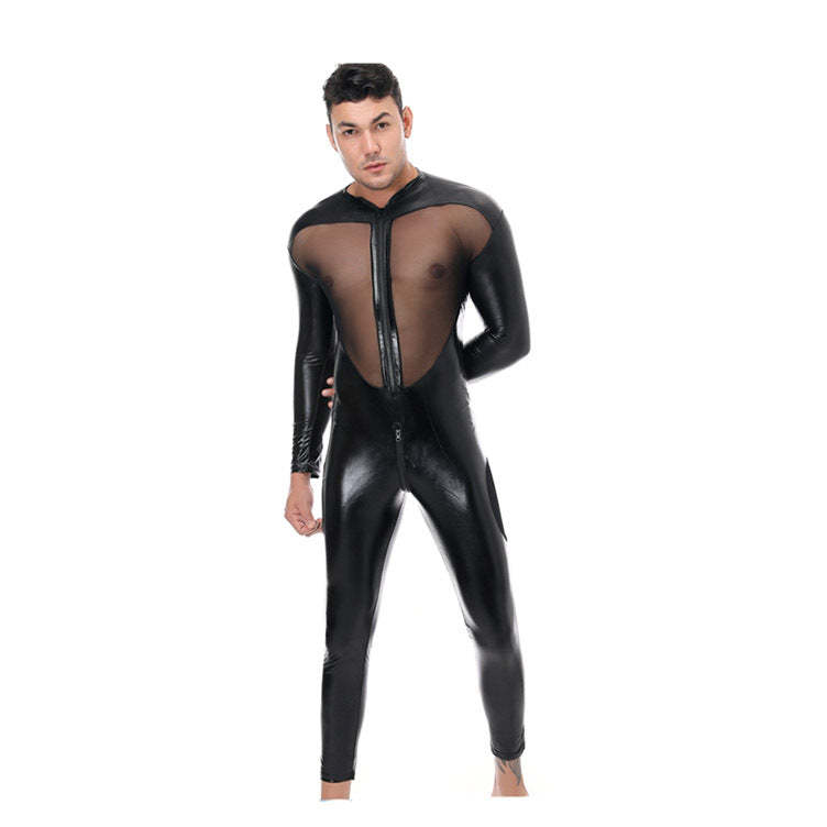 Men's Patent Leather Mesh Patchwork Jumpsuit