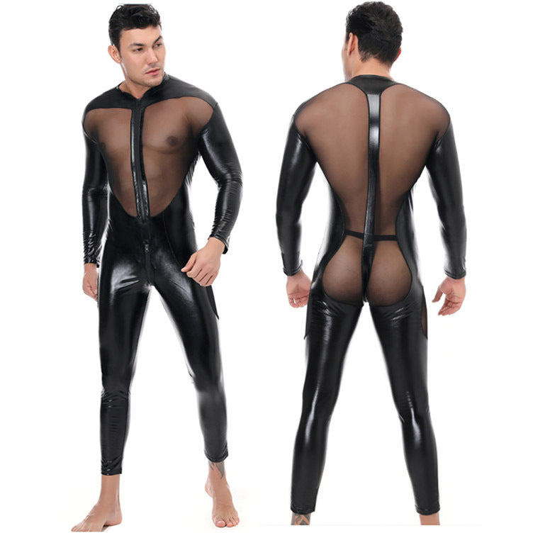 Men's Patent Leather Mesh Patchwork Jumpsuit
