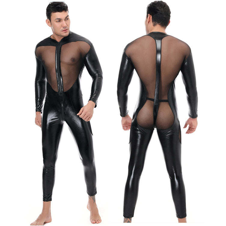 Men's Patent Leather Mesh Patchwork Jumpsuit