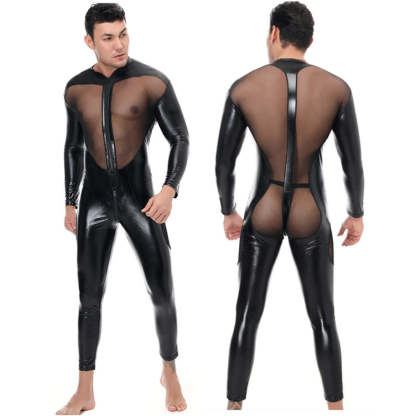 Men's Patent Leather Mesh Patchwork Jumpsuit