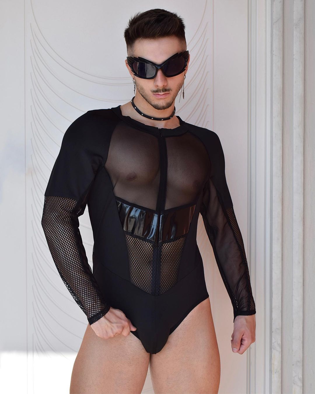 Men's Mesh Patchwork Bodysuit – Sleek and Edgy