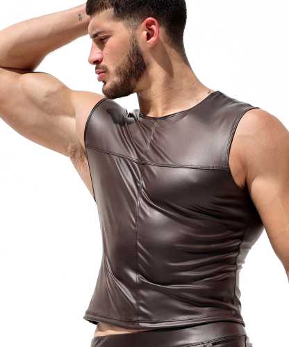 Men's Brown Sleeveless T-Neck Leather Vest